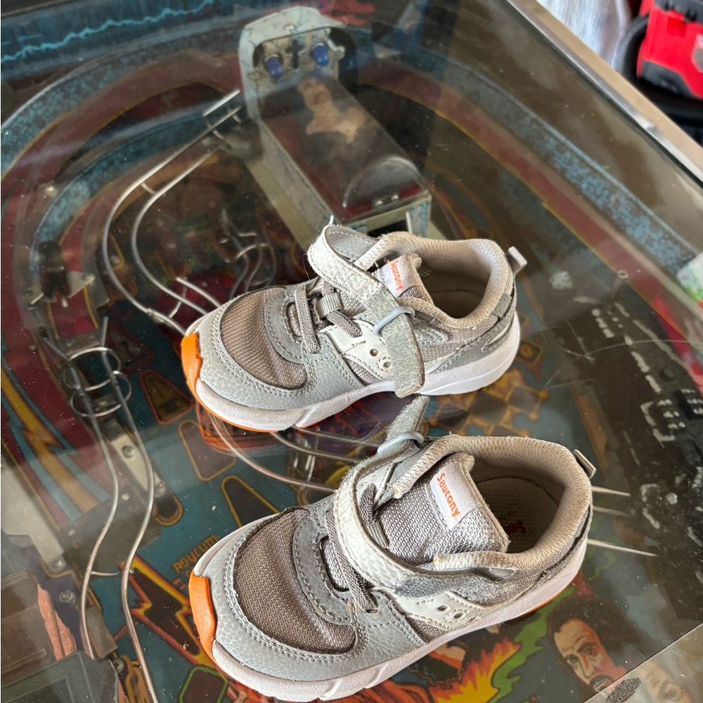 Gray and Orange Velcro Chunky Sole Sneakers- 9W-boys